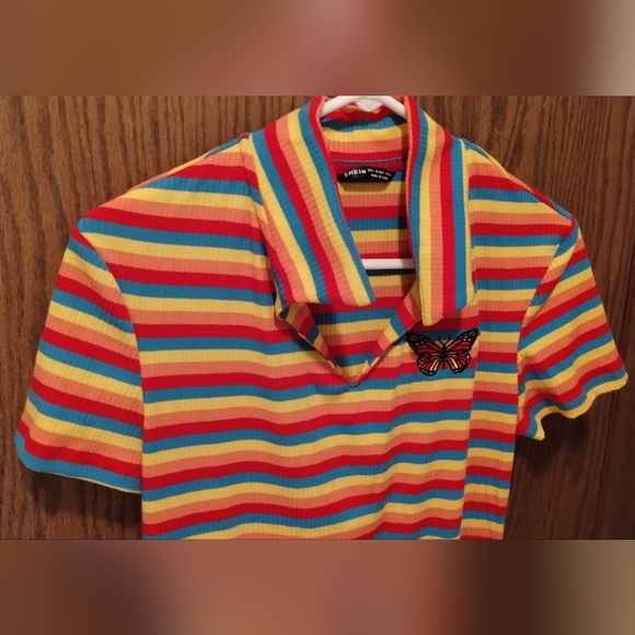 Rainbow Striped Bodycon Short Sleeve Dress with Butterfly Embroidery - Picture 9 of 10